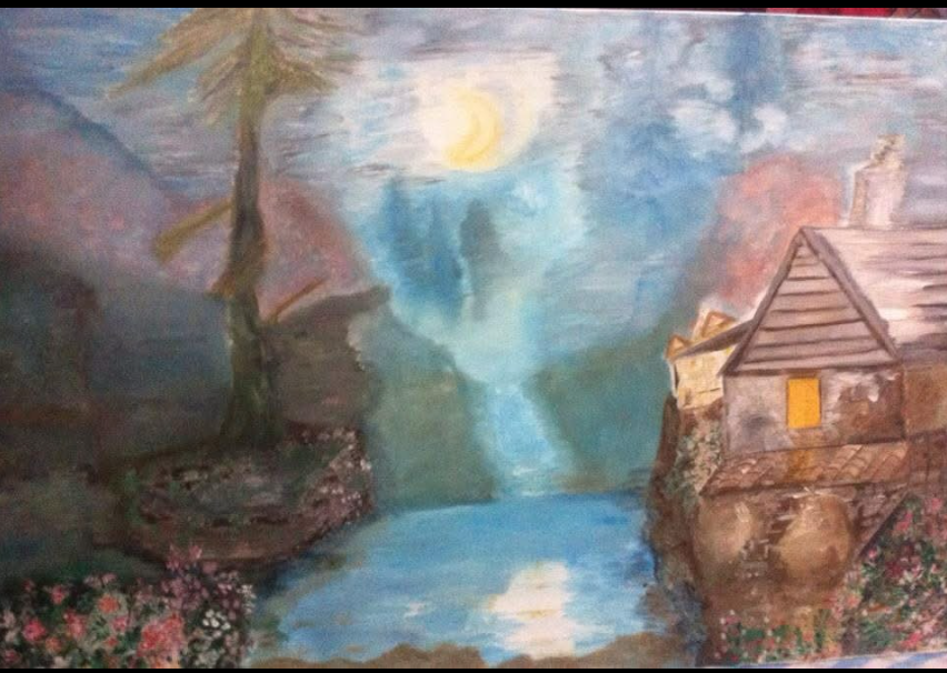 Pintura al óleo de una casa junto a un río bajo la luna, montañas y flores, obra de María Zavala