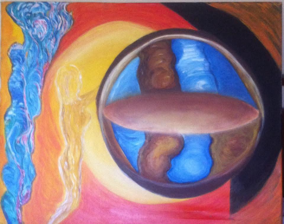 Pintura abstracta de una esfera con paisajes internos y una figura de luz, obra de María Zavala